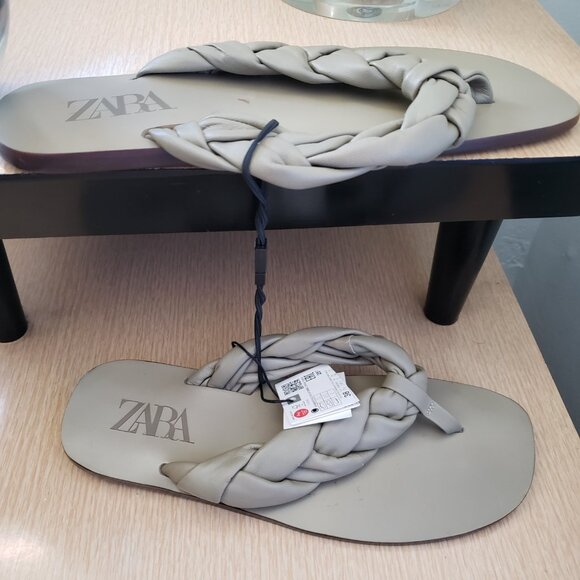 BNWT ZARA leather chunky braided flat thong sandals (7.5) olive - Picture 6 of 8